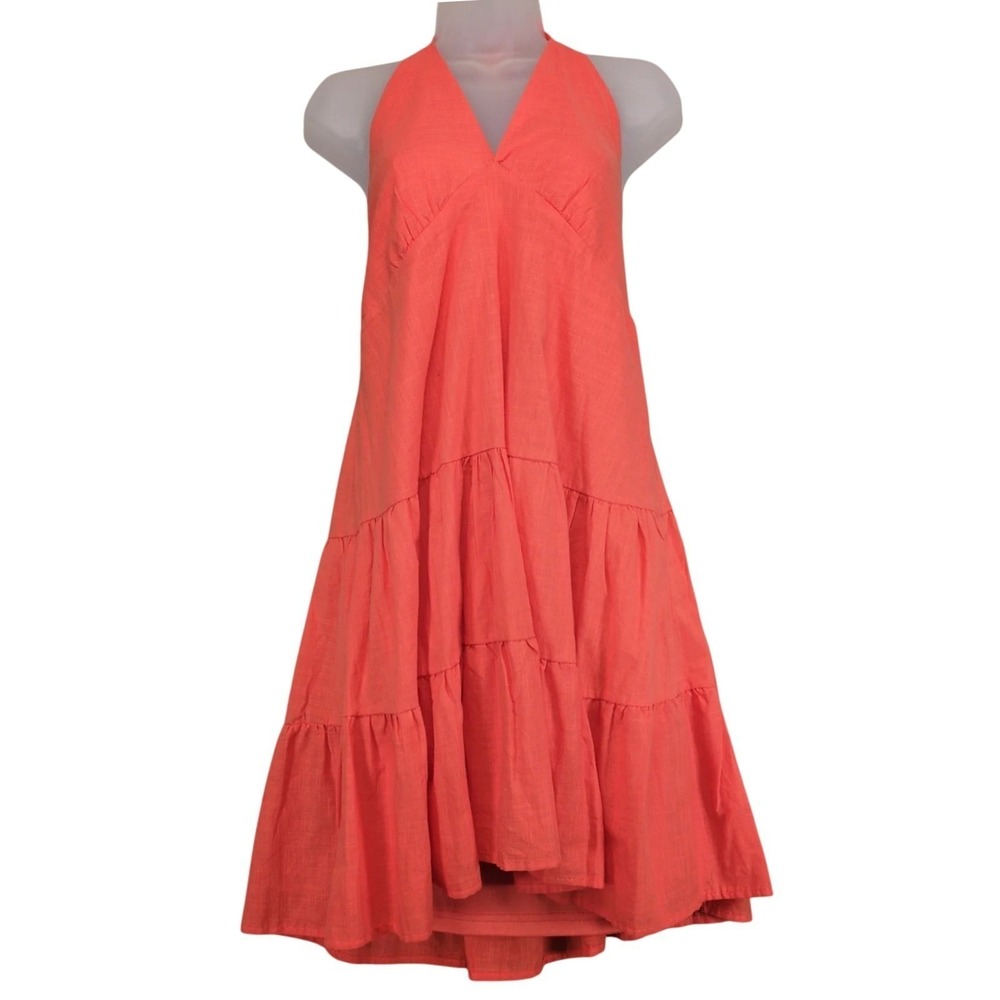 NWT She + Sky Tangerine Halter Tiered Mini Dress Sz M Smocked Back Cotton Resort
